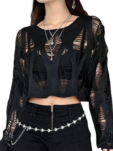 Women's Black Sheer Long-Sleeve Shirt Y2K Batwing Sleeve Shirt For Women Loose Streetwear Tops